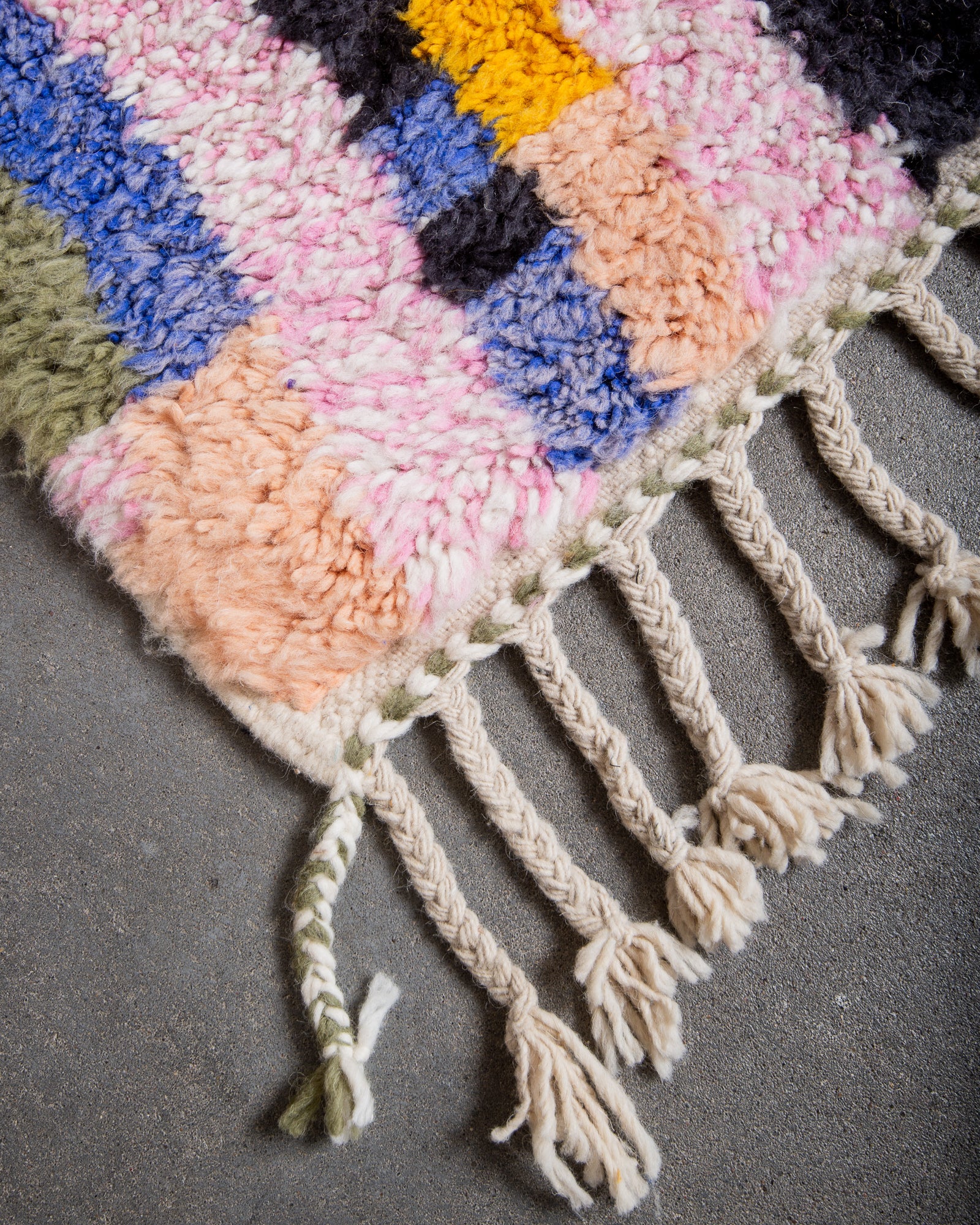 Modern, designer, handcrafted Berber rug from Morocco. Beniourain carpet with beautiful colours and patterns and fluffy wool texture.